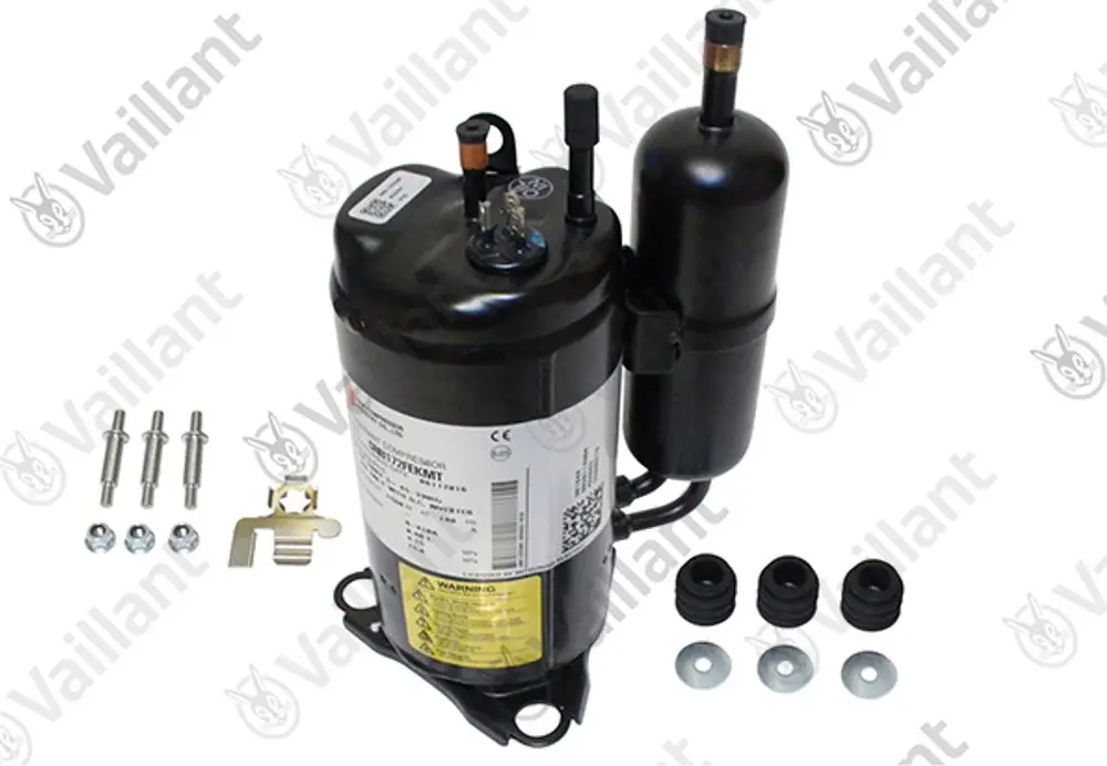 Vaillant Kompressor mit mehreren Anschlüssen und Montagezubehör, inklusive Schrauben und Unterlegscheiben, für den Einsatz in Heizsystemen.